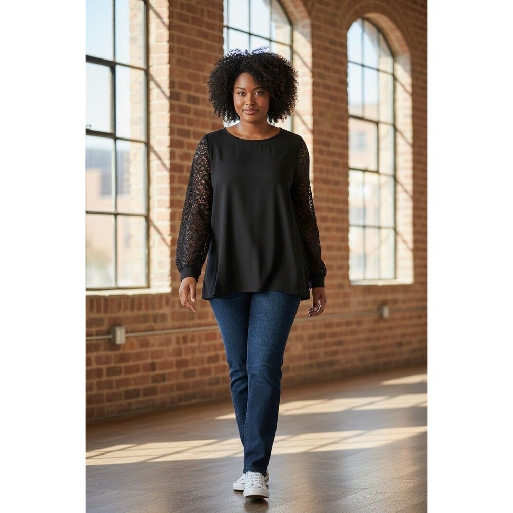Miholl Women's Top Blac kRibbed Knit Lace Sleeves Back Zip Size Large NWT